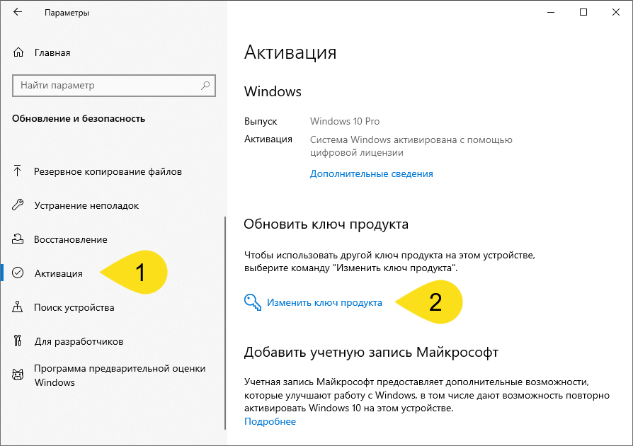 Параметры активации Windows