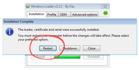 Перезагрузка Windows 7 после успешной активации